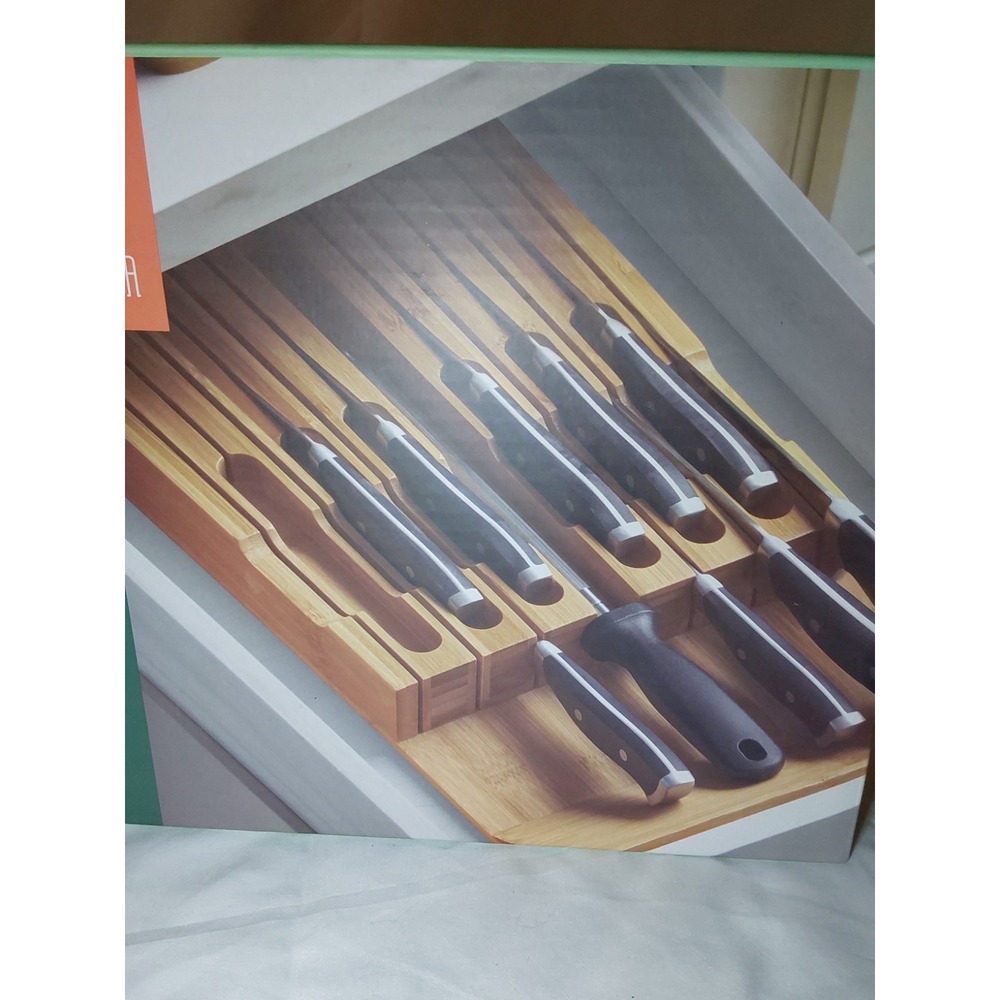 100% Bamboo Knife Drawer Organizer Block 12 Slots Plus Sharpener Storage